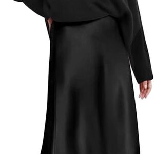 Black High Waist Satin Midi Skirt